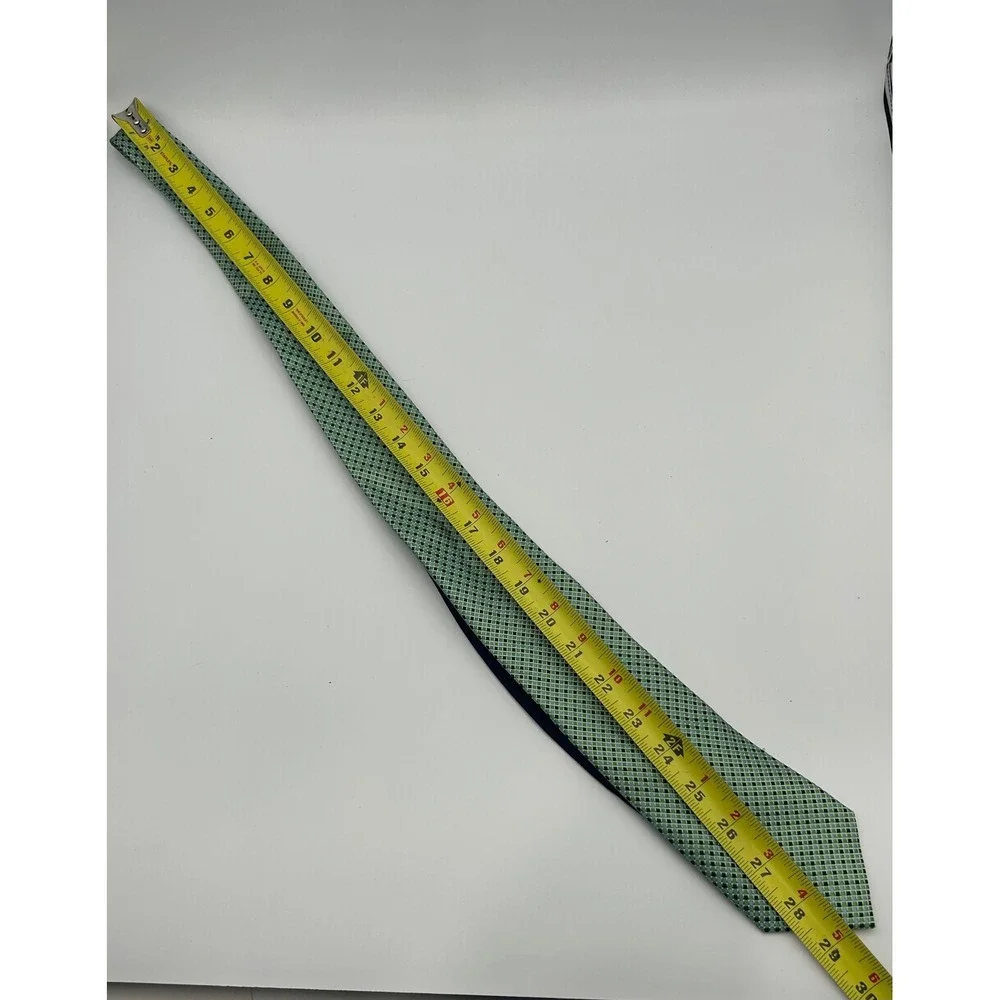 Tommy Hilfiger Mens Green Blue Micro Check Geometric 100% Silk Necktie Tie - Picture 5 of 6